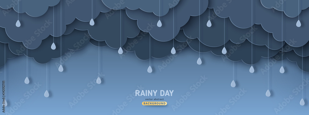 Overcast sky with rain drops in paper cut style. Vector illustration. Rainy day concept with dark clouds.