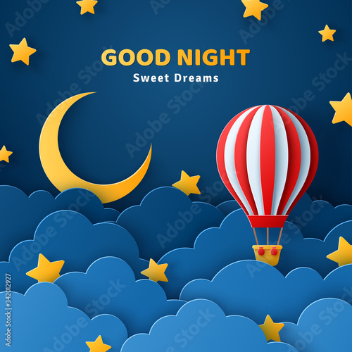 Fluffy clouds on dark sky background with gold moon, stars and hot air balloons. Vector illustration. Paper cut style. Place for text. Good night banner, travel and adventures concept