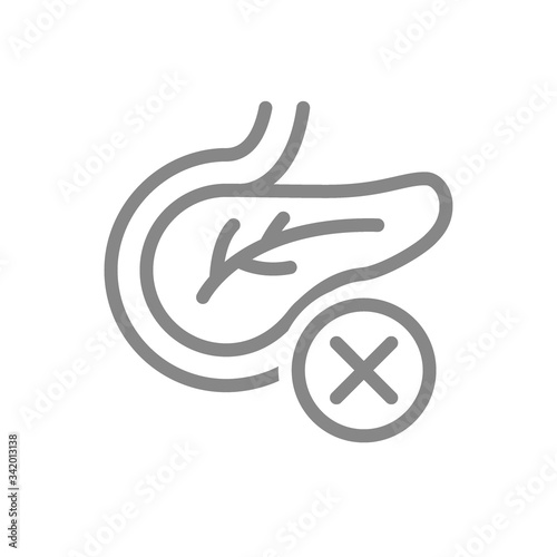 Pancreas with cross checkmark line icon. Disease internal organ symbol