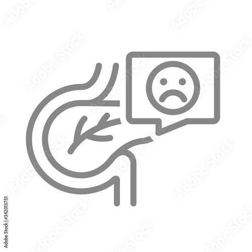 Pancreas with sad face in speech bubble line icon. Disease organ digestive and endocrine system symbol