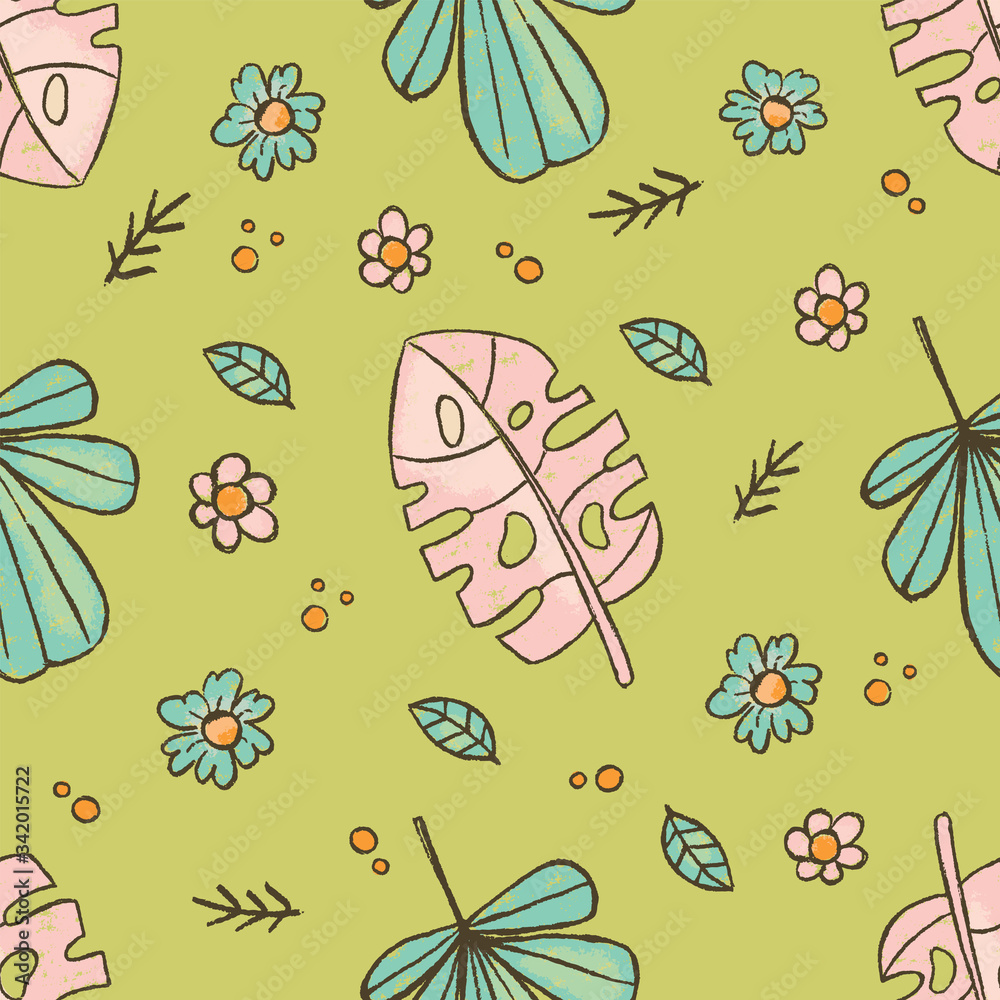 GRUNGE LEAVES Tropical Nature Hand Drawn Style Seamless Pattern Vector Illustration for Print Fabric and Digital Paper