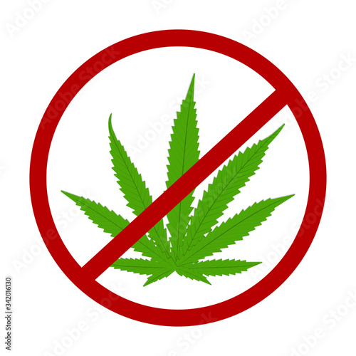 Cannabis stop no drugs symbol. Marijuana leaf forbidding sign isolated on white. Prohibition bad human habits symbol. Do not use hemp crossed out in red circle restriction. Vector illustration.