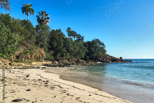 Yellow sand beach view with green trees in jungle woods at the background. Beautiful travel picture. Tropical island landscape. Voyage to St. Thomas Virgin islands on cruise ship.