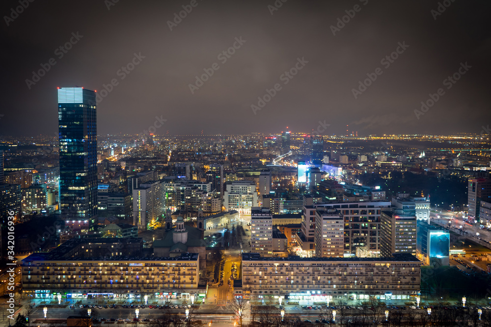 Warsaw at night from above, warsaw night cityscape, tower of warsaw