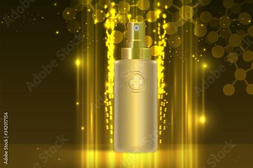 Beauty product ad design, gold cosmetic container with collagen solution advertising background ready to use, luxury skin care banner, illustration vector.