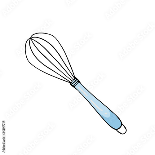 Vector illustration of a whisk for beating eggs. Hand-drawn kitchen item for design.