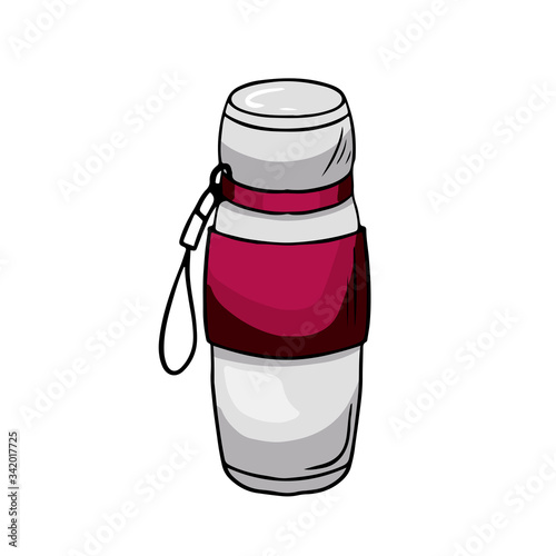 Vector metal thermos for travel and walks. Kitchen item for design. Item for hot drinks.