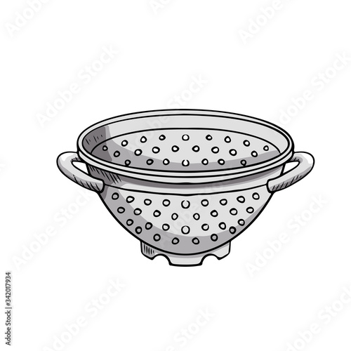 Illustration of a metal colander hand-drawn. Design element subject on the theme of cooking, baking.