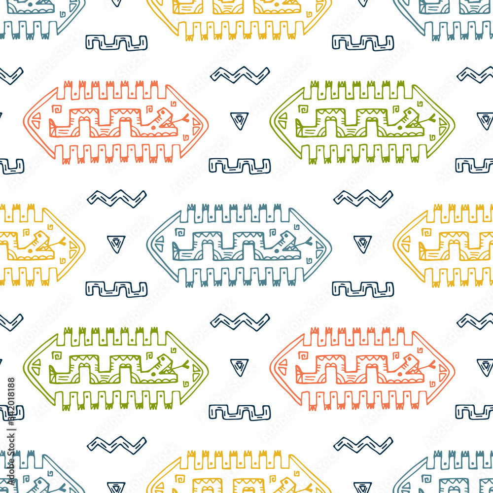 Hand drawn doodle Mexican patterns with abstract snake and figures. Mexico Vector Seamless background.
