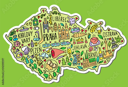 Colored Sticker of funny Hand drawn doodle Czech Republic map. Czech city names lettering and cartoon landmarks