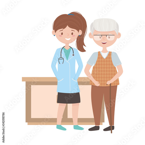 Isolated woman doctor with old man vector design