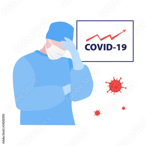 Vector illustration of tired doctor or nurse in mask and board with high arrow graph of covid-19. Medical warning concept
