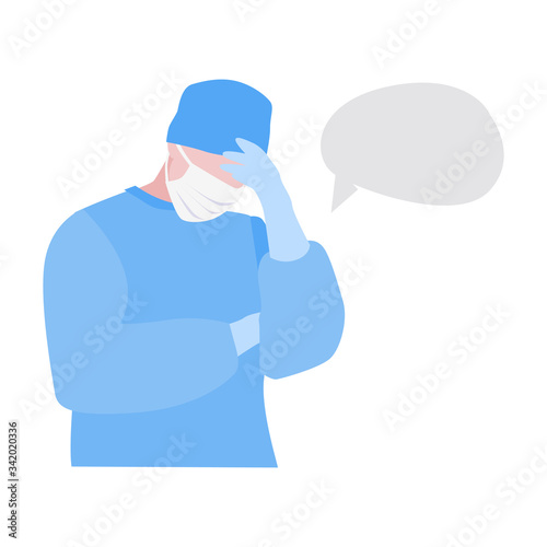Vector handdrawn illustraion of tired doctor or nurse in mask with empty speech bubble. Medical concept. Thinking about health