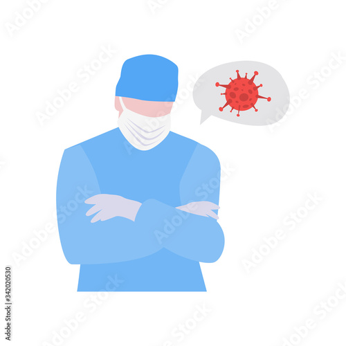 Vector illustration of doctor or nurse in mask with cross hands on chest and speech bubble or cloud with virus. Medical warning concept