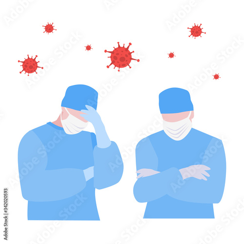 Vector illustration of two tired  and stressed doctors in masks and viruses around. Virus fight concept. Medical soldiers. Waiting the vaccine