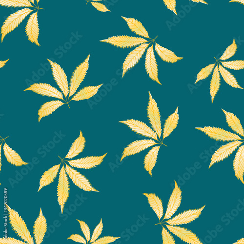 Cannabis leaves seamless vector pattern background. Hand drawn teal and gold hemp foliage backdrop. Stylish botanical marijuana design. All over print for wellness, health concept,packaging, print