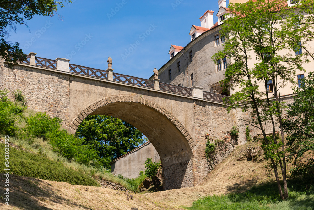 Veveri castle is located in the Czech Republic. Bridge leading to the castle gate. View from under the bridge.