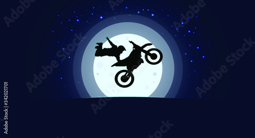 Moto stuntman does a trick in flight, against the backdrop of a full moon and starry sky, vector illustration.