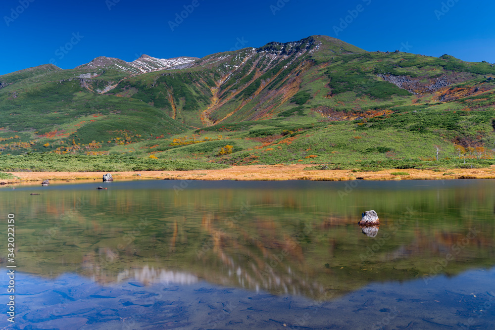 Wide autumn mountain view with mirror lake Wide autumn mountain view with mirror lake