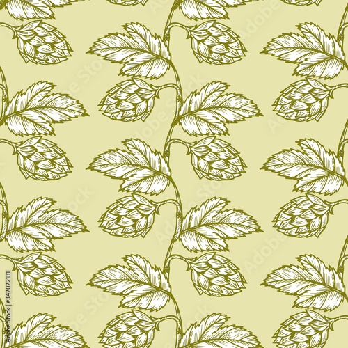 Hand drawn engraving style Hops Seamless pattern. Common hop or Humulus lupulus branch with leaves and cones. Vector Green Floral background
