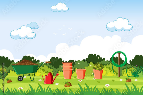Background scene with gardening tools on the lawn