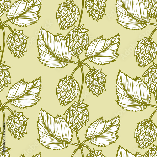 Hand drawn engraving style Hops Seamless pattern. Common hop or Humulus lupulus branch with leaves and cones. Vector Green Floral background
