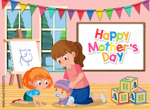 Template design for happy mother's day with mom and kids