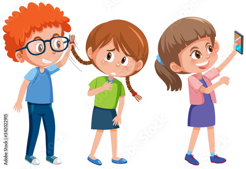 Domestic violence with kid bullying the others on white background