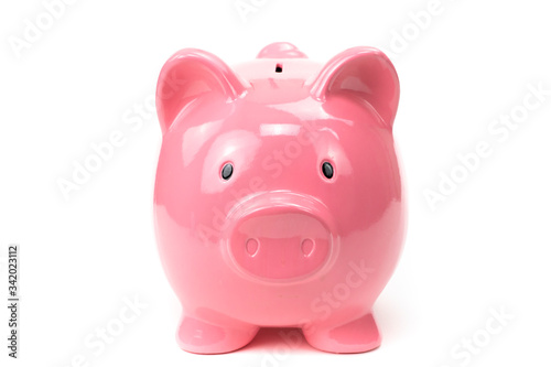 pink piggy bank in full-face isolated on white background cutted . Savings concept  rainy-day reserve