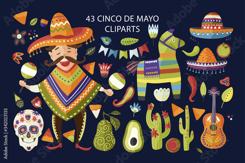 Cinco de Mayo vector colorful clipart set. Holiday Mexican icon collection with cartoon happy man with maracas, sombrero, cactus, pinata, scull and other traditional festival symbols.