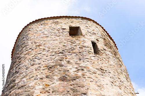 Veveri castle is located in the Czech Republic. Siege tower of the castle, view from below.