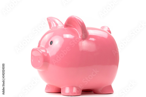 pink piggy bank isolated on white background low angle cutted . Savings concept, rainy-day reserve