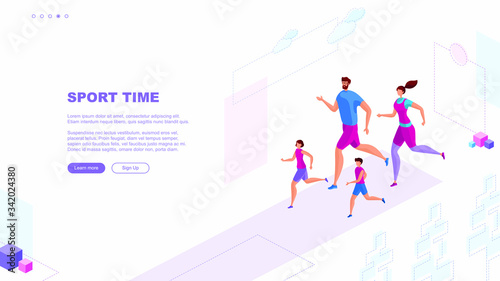 Trendy flat illustration. Sport Time page concept. Running man, woman and children. Happy Family. Template for your design works. Vector graphics.