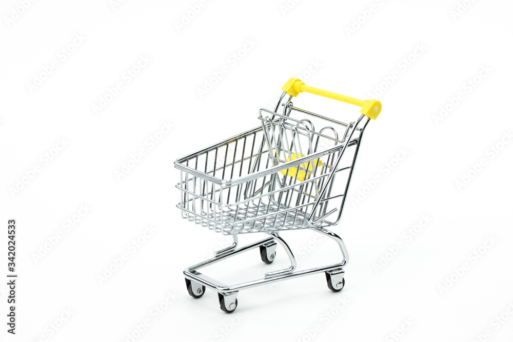 Empty supermarket cart - symbol of waiting for black Friday, discounts, sales. concept of shopaholism, conscious consumption trend