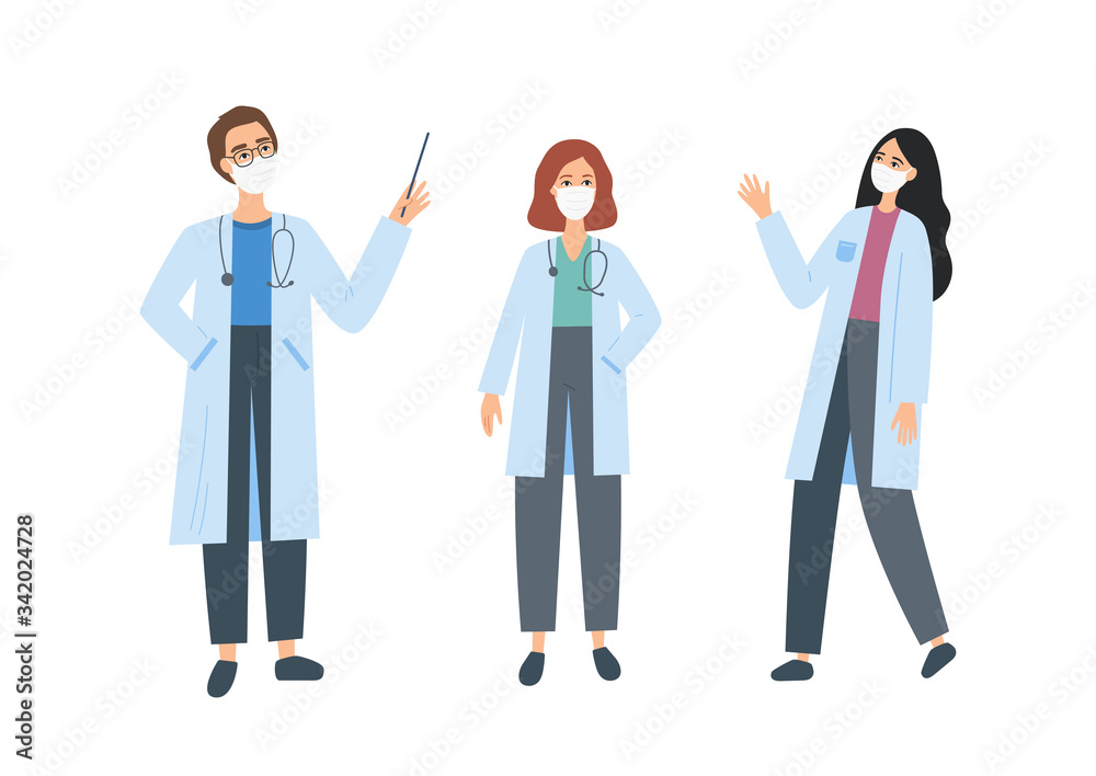 Doctors team in face masks. Vector illustration of hospital medical staff, paramedic, medical orderly, male and female nurse. Friendly cartoon characters Doctors team in face masks. Vector illustration of hospital medical staff, paramedic, medical orderly, male and female nurse. Friendly cartoon characters