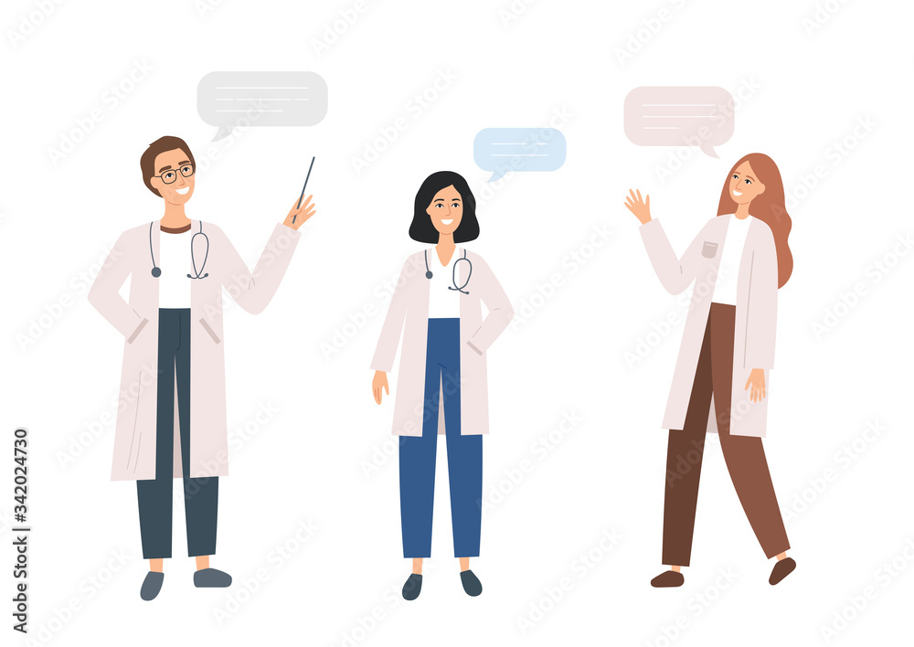 Vector cartoon illustration with friendly medical staff in uniform isolated on white background. Doctors team with speech bubble. Vector illustration of hospital nurse, paramedic, medical orderly Vector cartoon illustration with friendly medical staff in uniform isolated on white background. Doctors team with speech bubble. Vector illustration of hospital nurse, paramedic, medical orderly