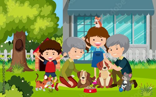 Scene with grandparents and children in the yard