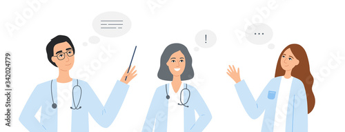 Vector cartoon illustration with friendly medical staff in uniform isolated on white background. Doctors team with speech bubble. Vector illustration of hospital nurse, paramedic, medical orderly