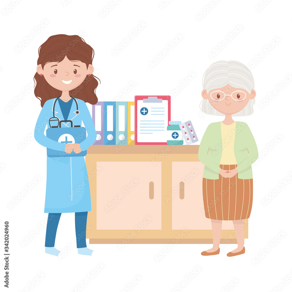 Doctor with old woman and furniture with document medicine jar and pills vector design Doctor with old woman and furniture with document medicine jar and pills vector design