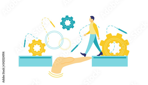 Flat vector illustration of a business concept, Businessman crossing an abstract hand bridge with a white background. The concept of teamwork.