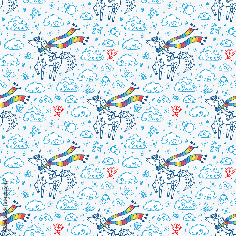 Fototapeta premium Hand Drawn Doodle Cute Magic Unicorn and Clouds Vector Seamless pattern for Kids 