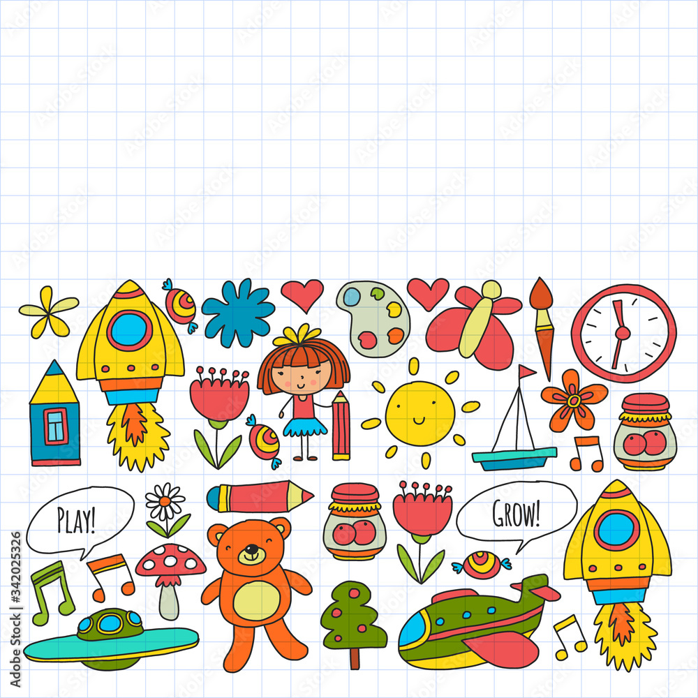 Obraz premium Vector pattern with little children. Kindergarten, play and grow together. Icons of toys and kids in doodle style