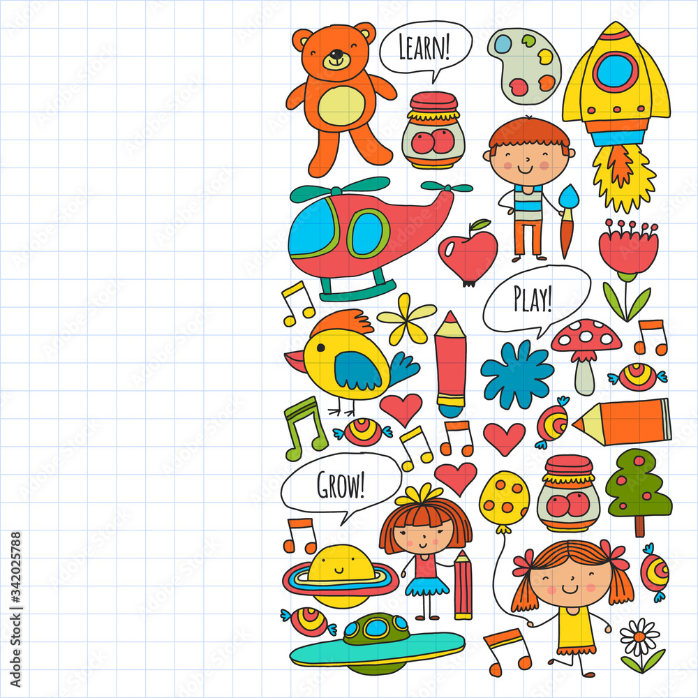 Vector pattern with little children. Kindergarten, play and grow together. Icons of toys and kids in doodle style Vector pattern with little children. Kindergarten, play and grow together. Icons of toys and kids in doodle style
