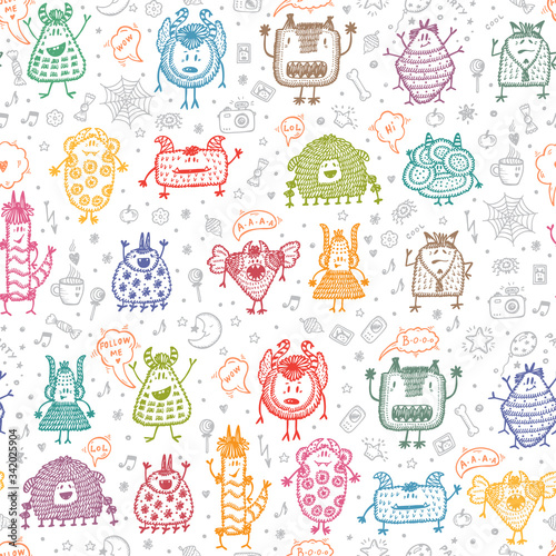 Hand Drawn Doodle Fictional Fabulous Creatures Characters for Kids. Cute Cartoon Colored Monsters or Aliens Vector Seamless Pattern. 