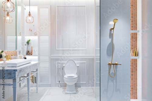 Luxury white bathroom interior in the french style in the house.