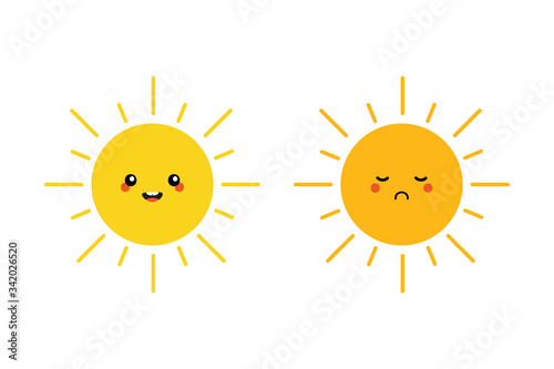 Happy sun and sad sun characters vector icons, illustration.