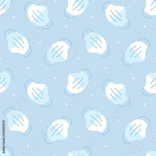 Blue medical face mask, respirator and dots seamless pattern background.