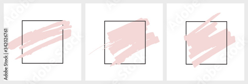 3 Abstract Hand Drawn Childish Style Vector Layouts. Light Pink Scribbles in a Black Frame Isolated on a White Background. Hand Drawn Brush Dabs. Pastel Color Blanks with No Text.