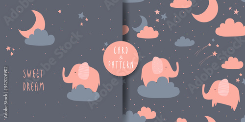 Cute Funny Elephant on Sky Cartoon Doodle Seamless Pattern and Card Bundle