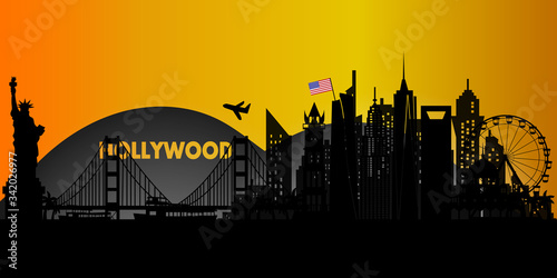 USA America Travel postcard, poster, tour advertising of world famous landmarks in silhouette style. Vectors illustrations